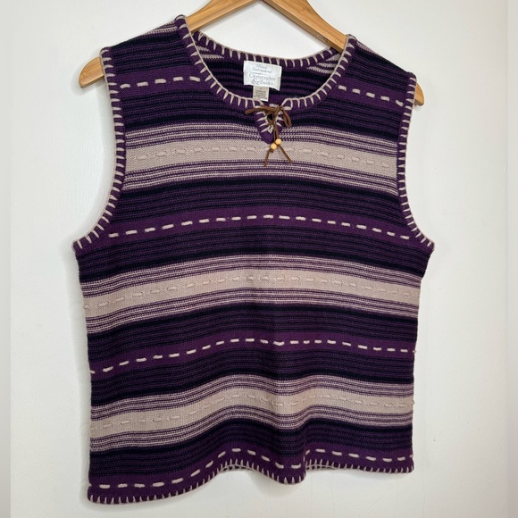 Vintage Sweater Vest Hand Embroidered Women Large Purple Beige Stripe Woven Boho - Picture 2 of 7